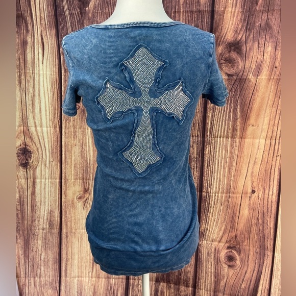 Vocal stretch faux crystal rhinestone crosses blue T-shirt women’s M - Picture 9 of 14